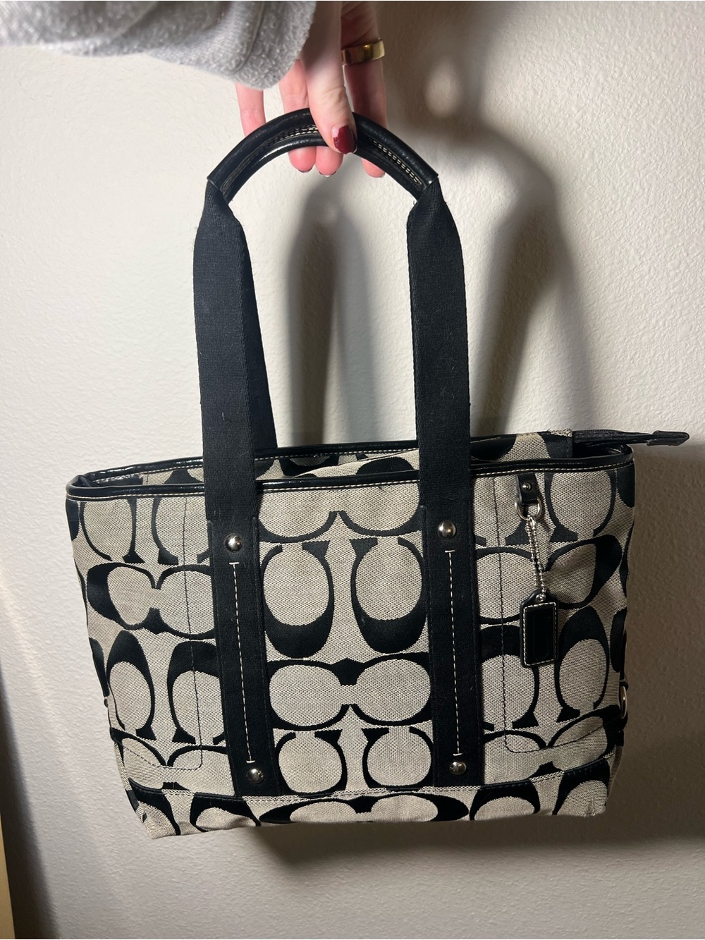 Coach Black and Cream Signature Canvas Tote with Top Handles